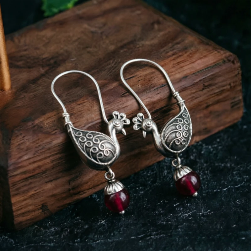 Ethnic Style Vintage Silvery Peacock Dangle Earrings for Women Elegant Delicate Banquet Celebration Artistic Jewelry Accessories