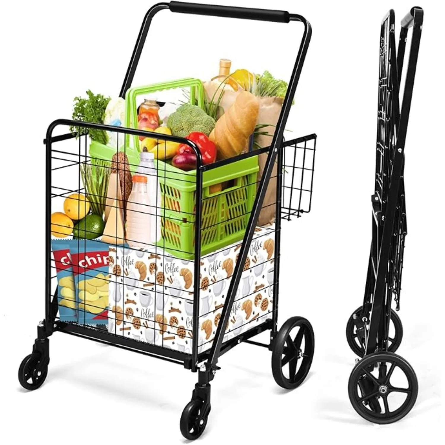 Folding Shopping Cart, Extra Jumbo Double Basket Grocery Cart with 360° Swivel Rolling Bearing Wheels, Dense Metal Mesh Base