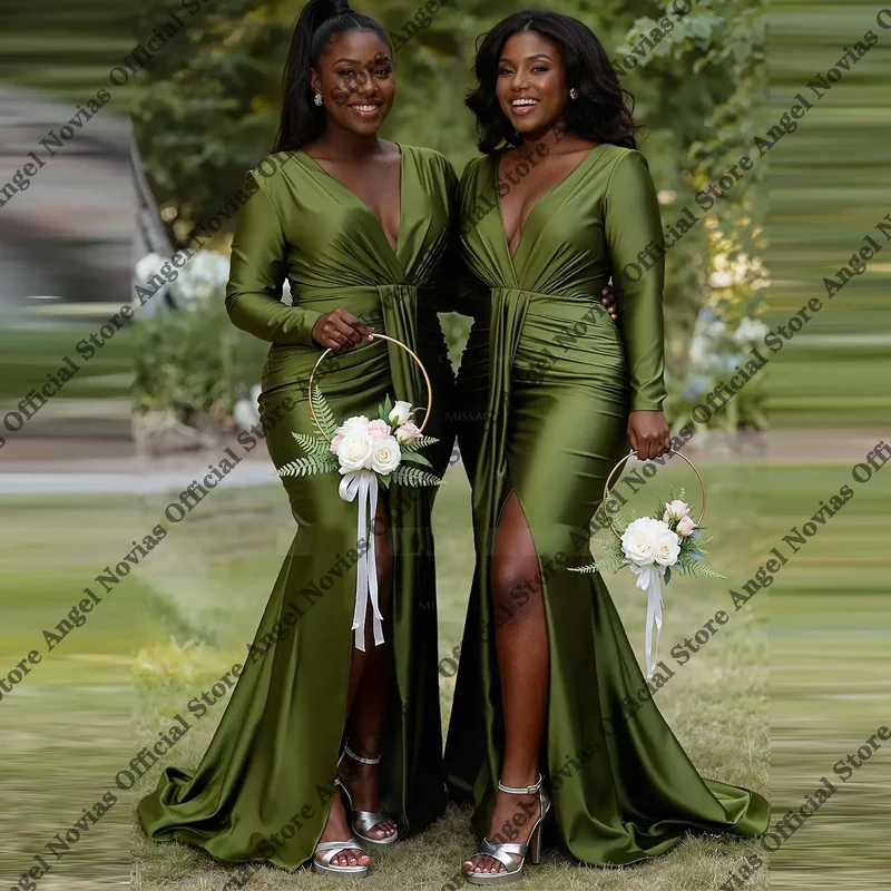 

Long Sleeves Green V Neckline Mermaid Bridesmaid Dresses 2026 for Wedding Party Dresses vestido madrinhas casamento