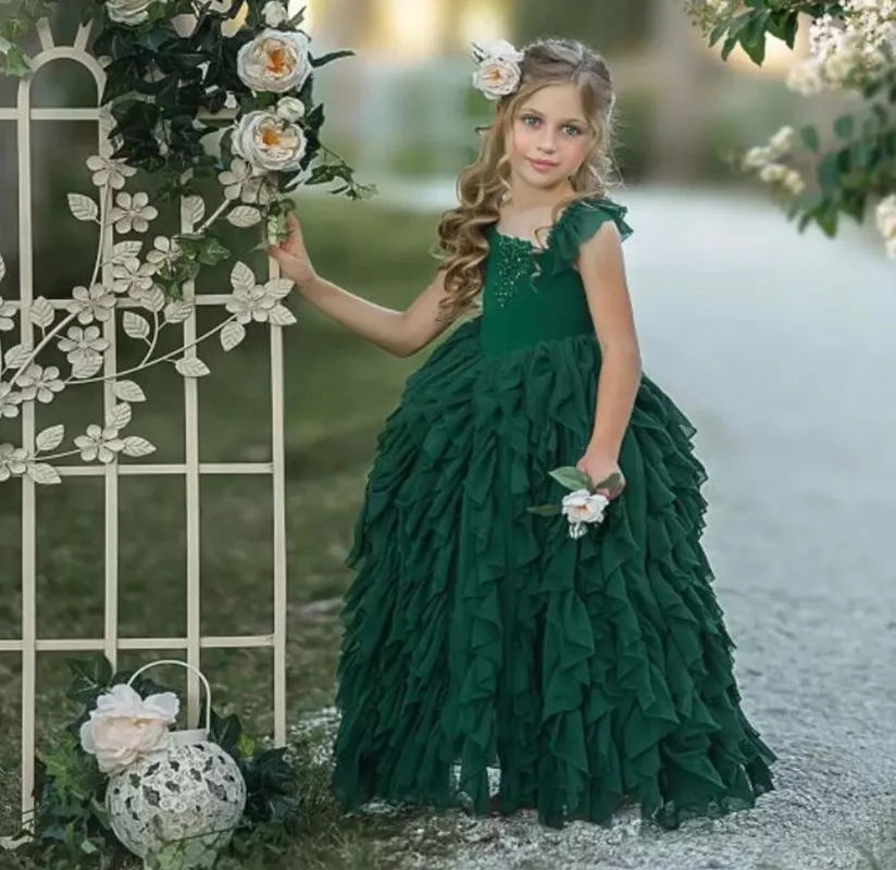 Verde inchado flor menina vestido de festa vestido crianças vestidos de festa trajes primeiro comunhão vestido transporte da gota