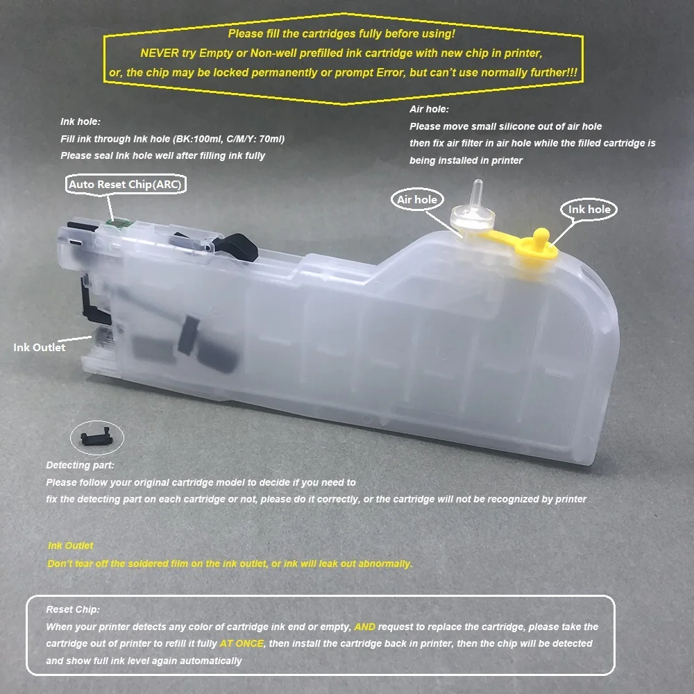 Cartucho de tinta recarregável longo LC123 LC121 com arco para Brother DCP-J132W DCP-J152W DCP-J552W DCP-J172W DCP-J752W DCP-J4110DW