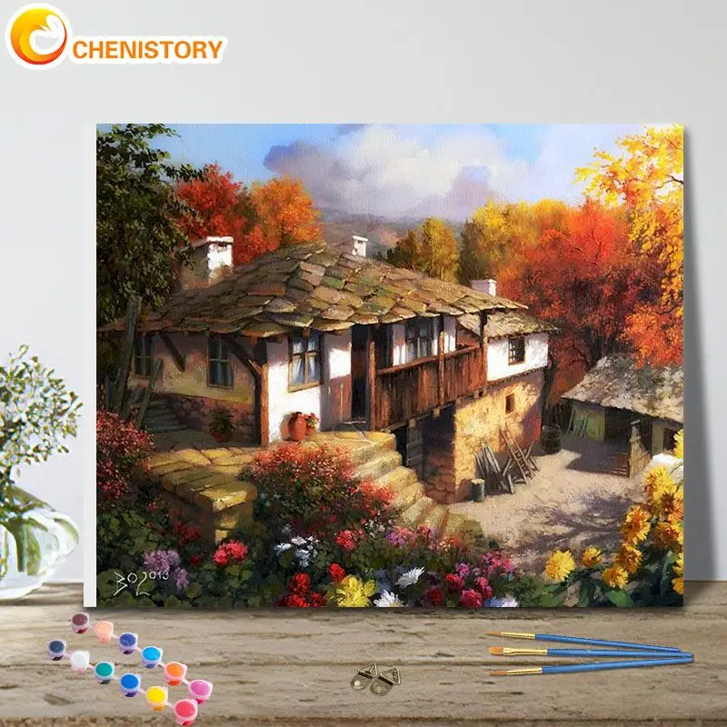 CHENISTORY Paint By Number Rural Houses Scenery Drawing On Canvas Kits For Adults Handpainted Coloring By Number  Home Decor