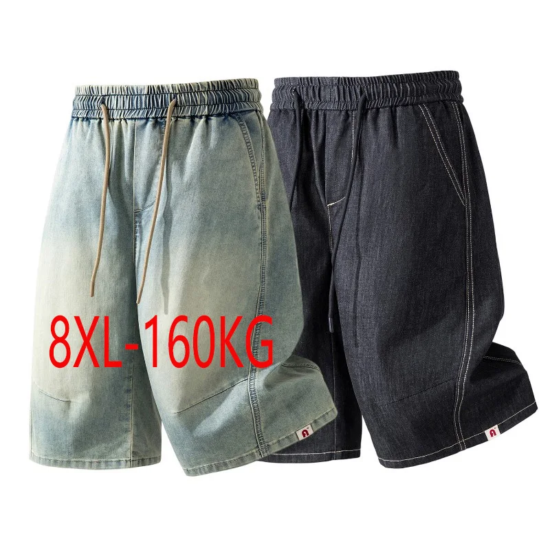 Men's Plus Size Denim Shorts Summer Thin Lyocell Ice Silk Loose Elastic Waist Vintage Baggy Jean Shorts For Big Men 8XL 160KG