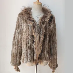 Fall Winter Loose Real Rabbit Fur Woven Coat for Women Casual Long Sleeve Female Natural Raccoon Fur Collar Knit Coat Clothes