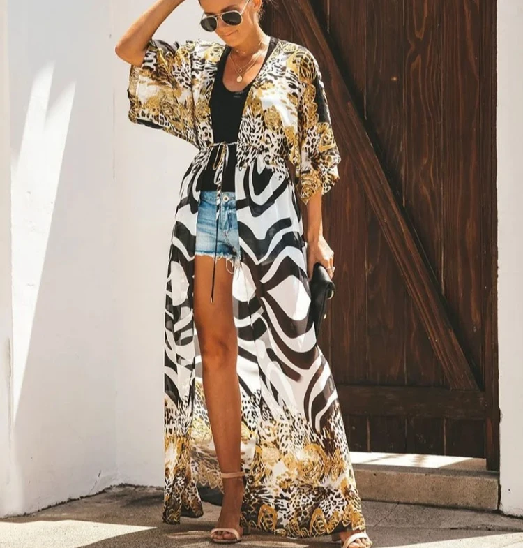 Boho Beach Wear Chiffon Leopard printed Bikini Cover Up Women Robe Vintage Loose Kimono Sleeve Blouse Summer Cover-ups Vestidos