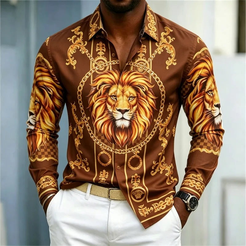 Men's shirt street style animal print shirt white base gilded chain men's slim fit trendy long sleeved business casual shirt