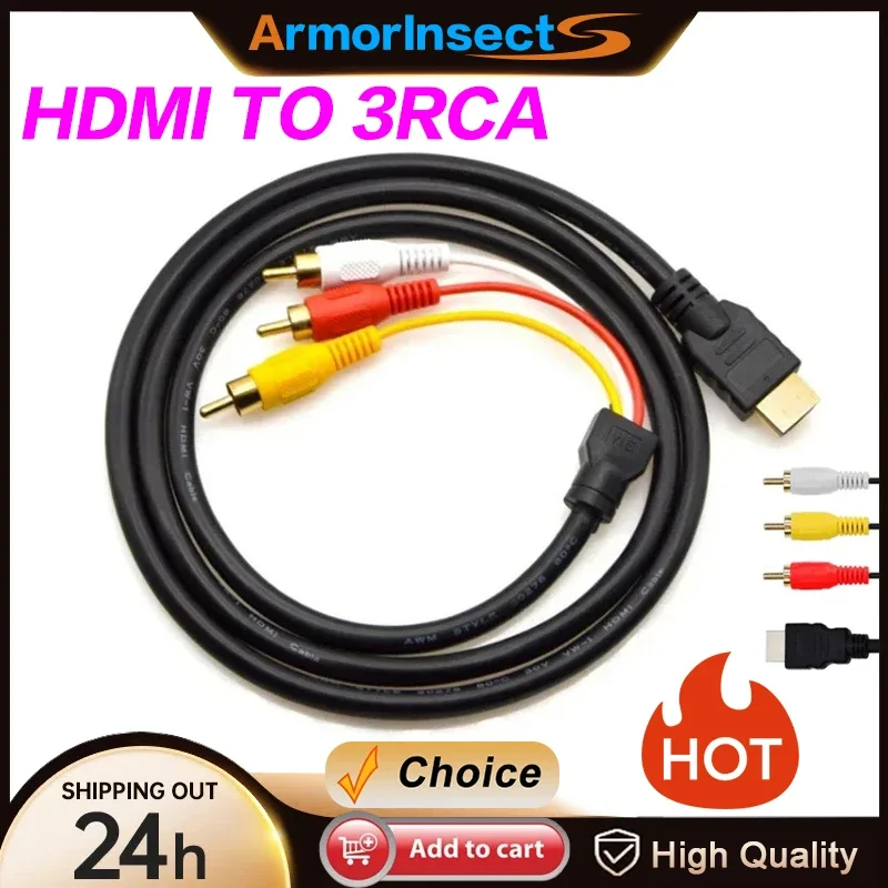 HDMI to 3RCA Cable 1.5M Length with HDMI1.4 Connector to AV Cord High Definition Audio Video Wire Compatible for Set Top Box