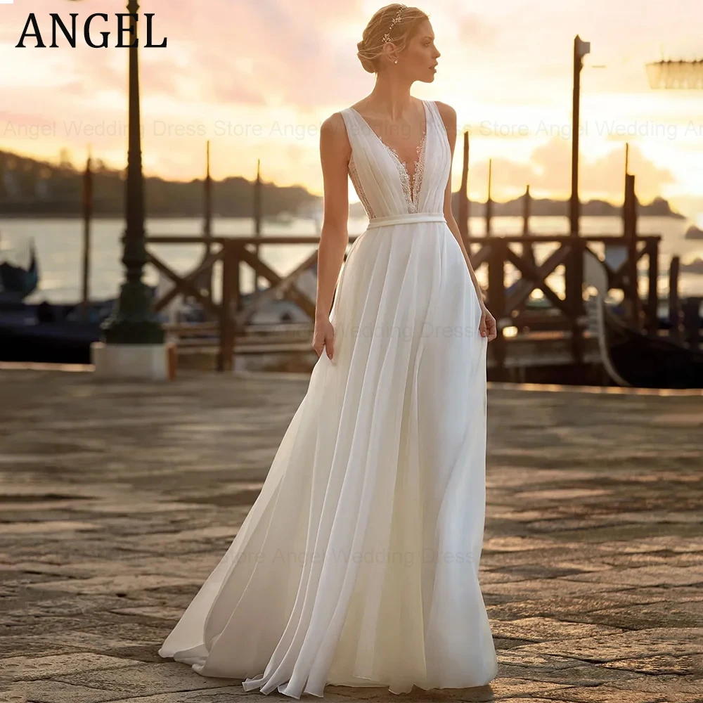 

ANGEL Chiffon V-Neck Wedding Dress Women 2024 Elegant Lace Boho A-Line Bridal Gowns Applique Vestido De Novia Pleat Lace-Back