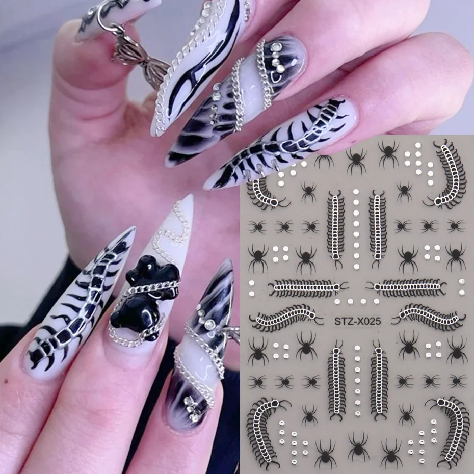 2pcs 3D Centipede Spider Halloween Nail Stickers Y2K Metallic Chrome Designs Self-Adhesive Sliders Decals Nail Art Decorations