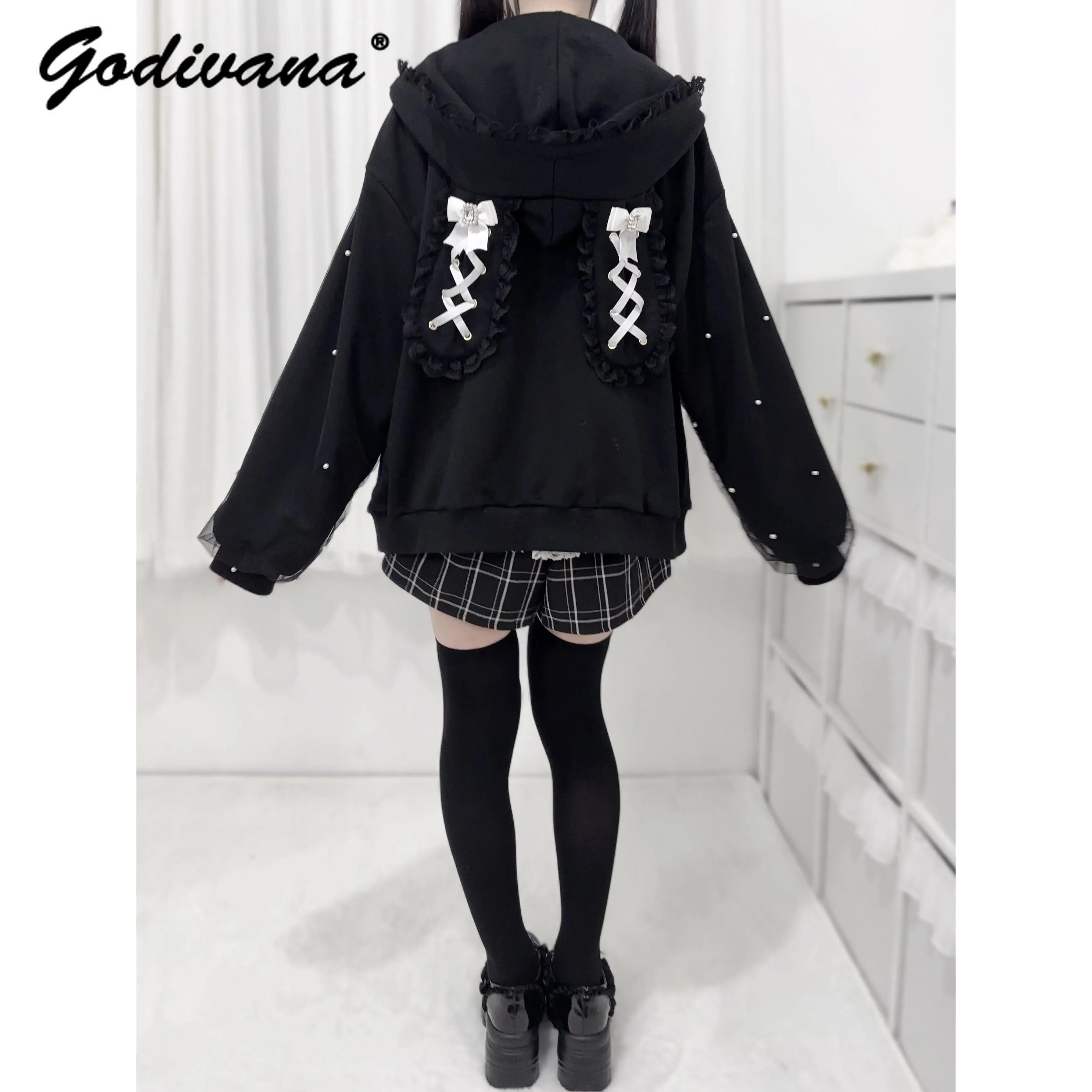 New Autumn Sweet Cute Bunny Ears Hooded Lace-up Bow Pearl Decorative Long Sleeve Jacket Jaanese Mine Loose Zipper Hoodie Coat