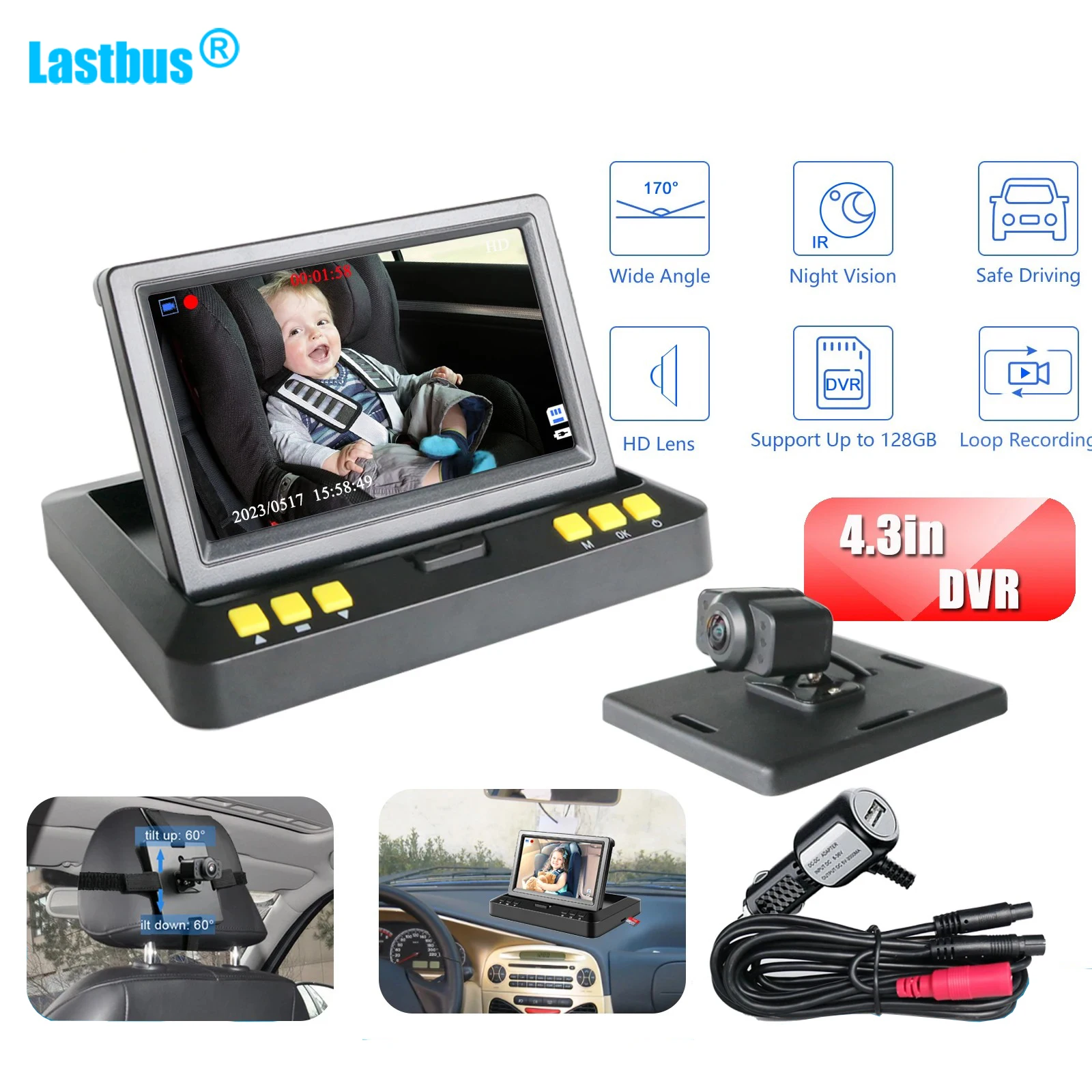 

Lastbus 4.3" Car Baby Monitor DVR View Infant in Rear Wide View Camera Facing Back Seat