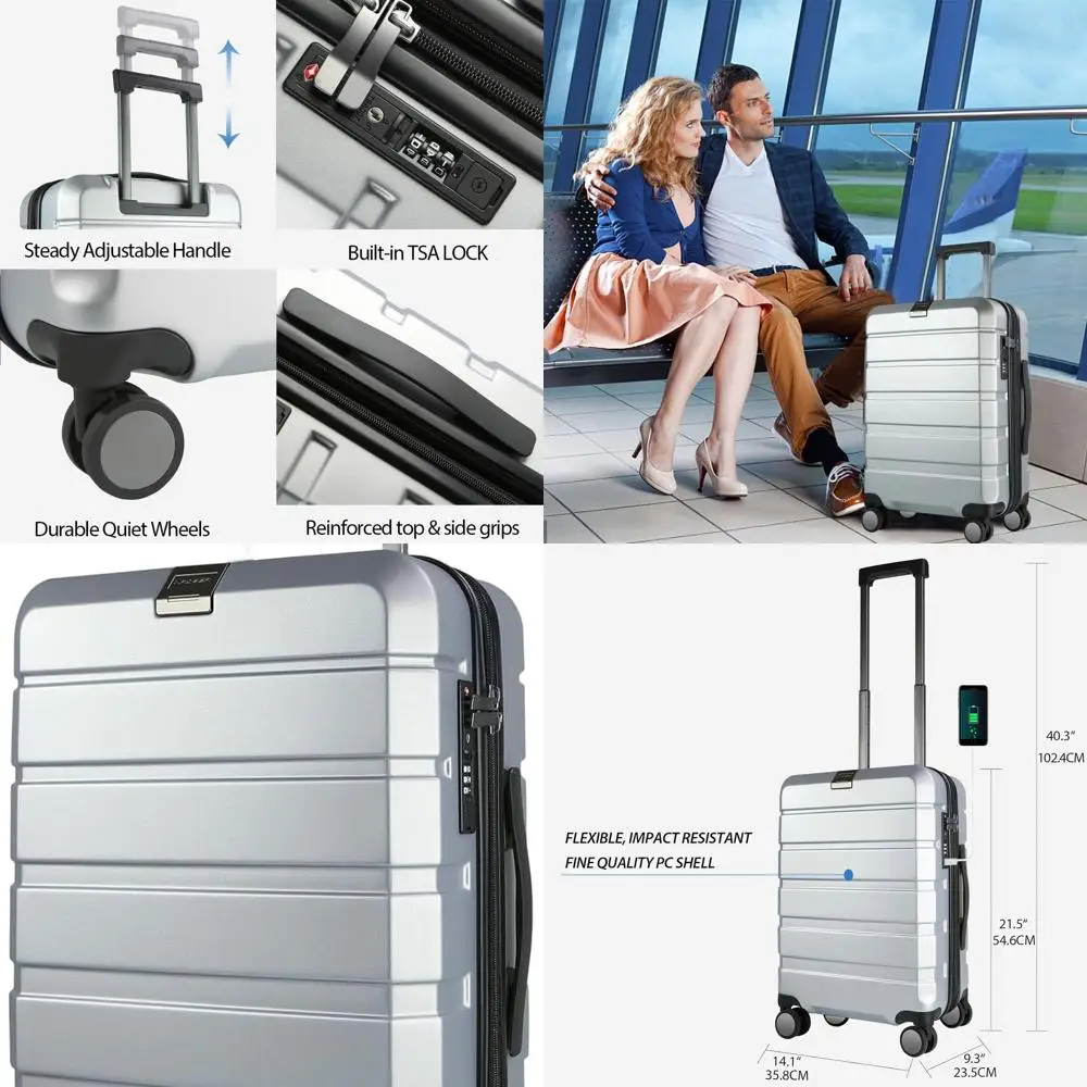 Expandable Hardside Spinner Luggage with TSA Lock, 20-Inch USB-Enabled Carry-On Suitcase, Silver Grey