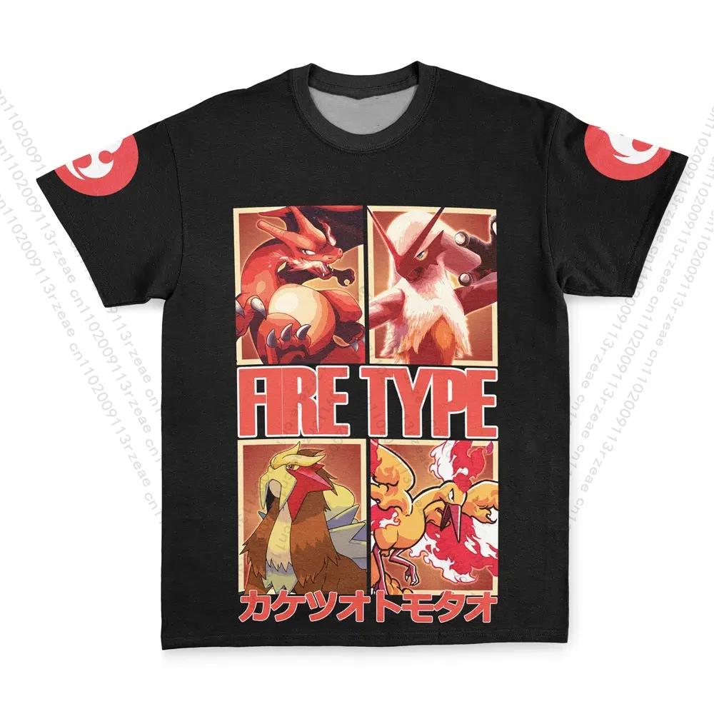 Nuevo Japón Anime Pokemon tipo fuego hombres Y2K Cosplay estampado camisetas de gran tamaño Hip Hop niños Kawaii transpirable moda calle camiseta