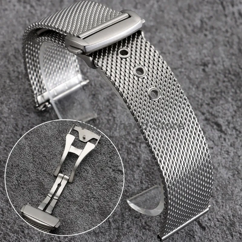 Folding Buckle Milanese Mesh Stainless Steel Watch Bands 20mm 22mm Bracelet Straps Flat Interface Business Wristbelt Accessories