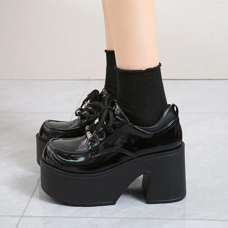 

Woman Loafers Shoes 2026 Casual Chunky High Heels Pumps All-Match Roman Style Lace-Up Round Toe Autumn Black Mary Janes Shoes
