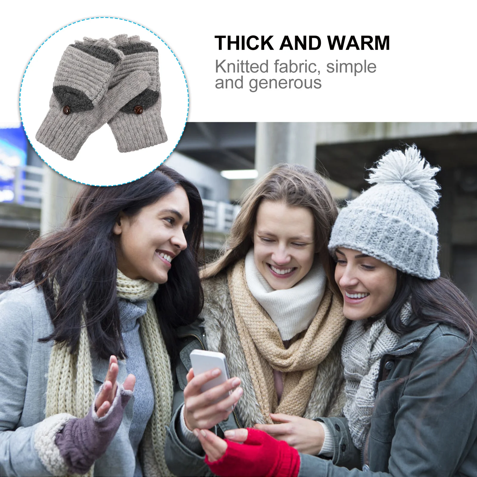 

1Pair Warm Knitting Gloves Women Mitten Convertible Half Finger Design for Winter Thermal Protection Clamshell Work Study