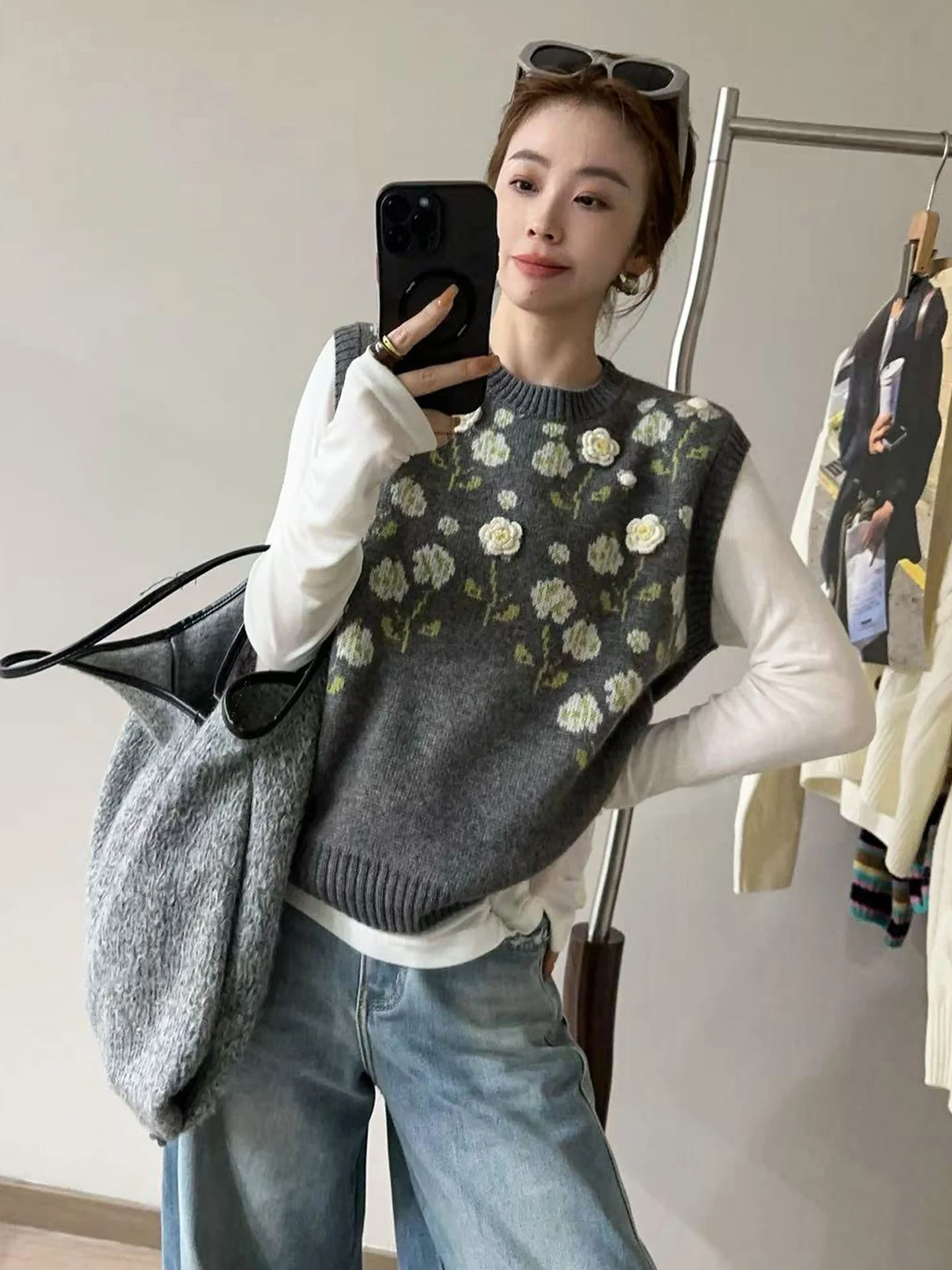 

Корейский круглый жилет с цветочным принтом, милый молодежный топ, свободный вязаный жилет без рукавов, модный дизайн Bal для женщин