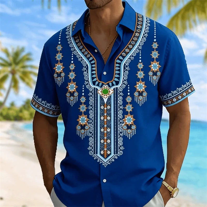 2026 New Mens Vintage Ethnic Short Sleeve Hawaiian Shirt Tribal Totem Print Breathable Casual Vacation Loose Turn Collar Tops