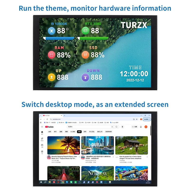 Layar Pintar USB IPS 8 Inci Baru TURZX 1280X800 Layar Sekunder Diperpanjang Desktop CPU GPU RAM Monitor Komputer untuk Windows 10 11