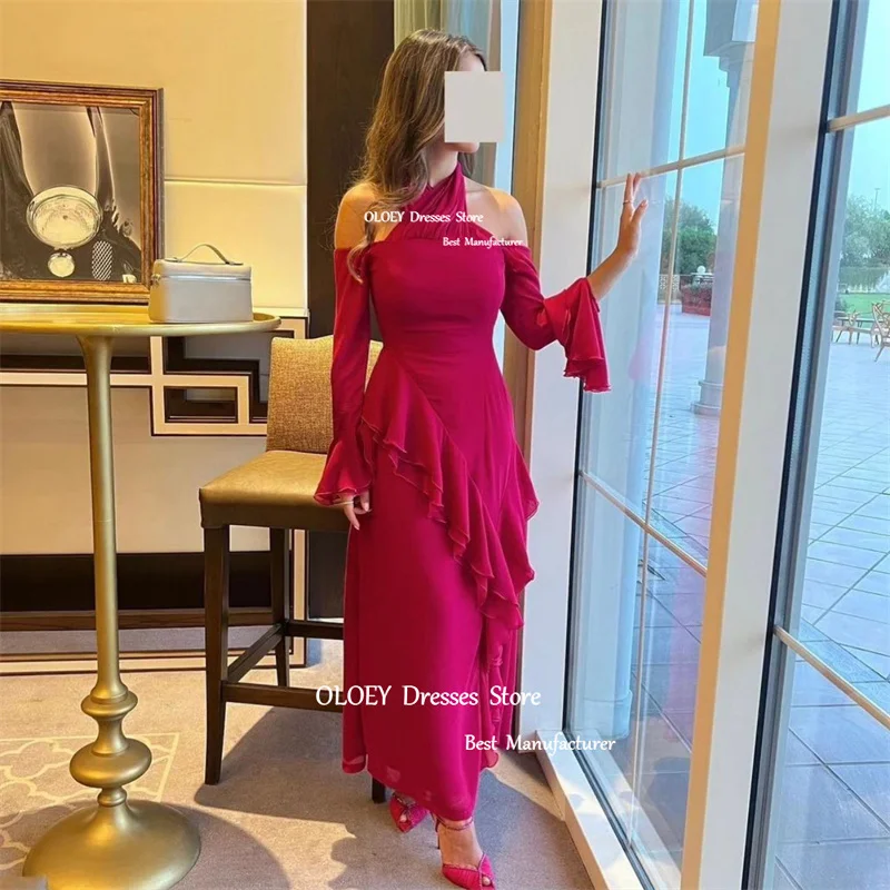 OLOEY Vintage Halter Fuschia Prom Party Dresses Saudi Arabic Women Long Sleeves Split Ankle Evening Gowns Formal Occasion