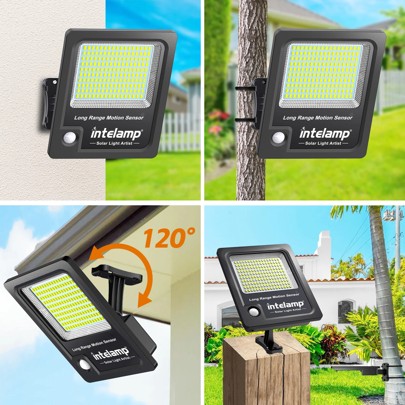 intelamp 12000mAh Solar Security Lights Outdoor Two Motion Sensors Flood Light With Super Large Solar Panel 5M Cable For Garden