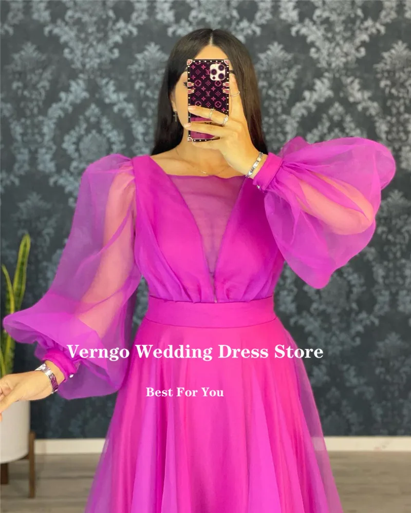 Verngo Modest Arabic Wome Long Sleeves Evening Dress Bateau Neck Organza Fuschia Green Prom Gown Wedding Party Dress Customized