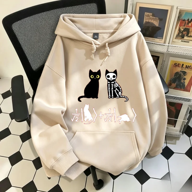 Funny Science Physics Cat Hoodie for Men Autumn Loose Hooded Sweatshirt Skeleton Cat & Math Formula Print Street Pullover