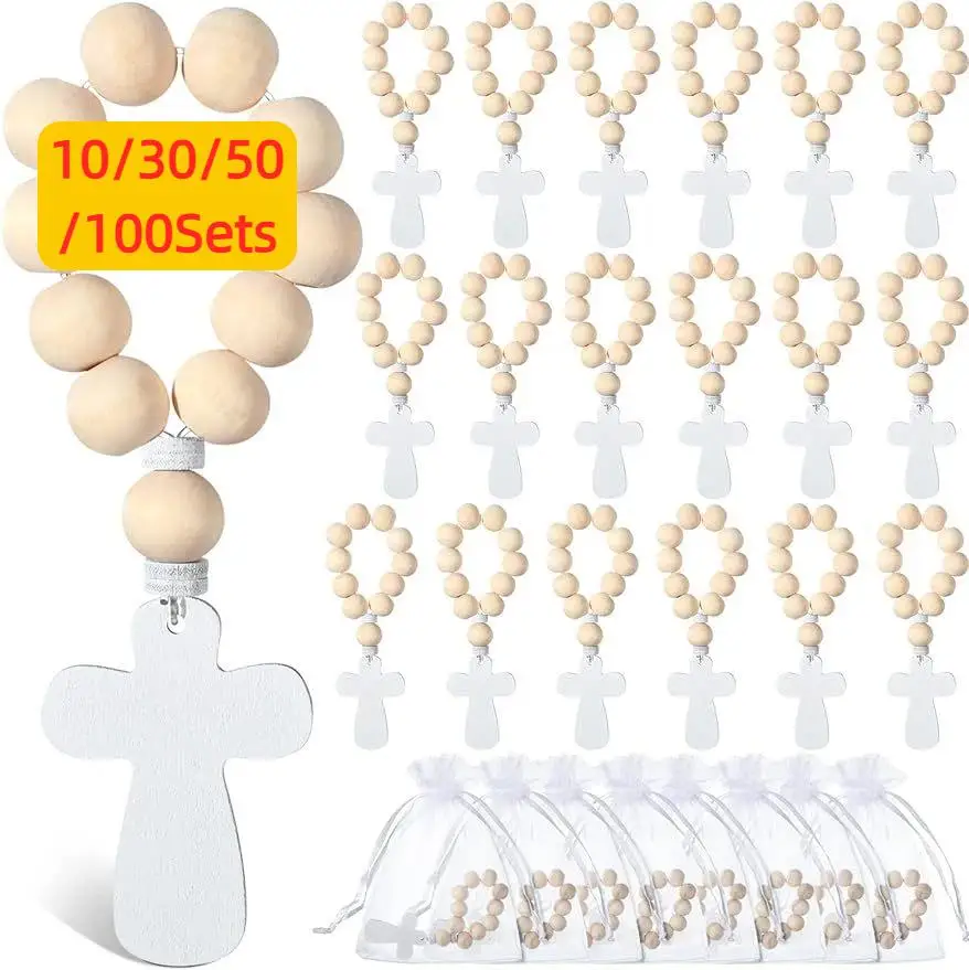 10-100Sets Wooden Rosary Cross Pendant with White Gift Bag for Boys Girls First Holy Communion Baptism Wedding Thank You Gift