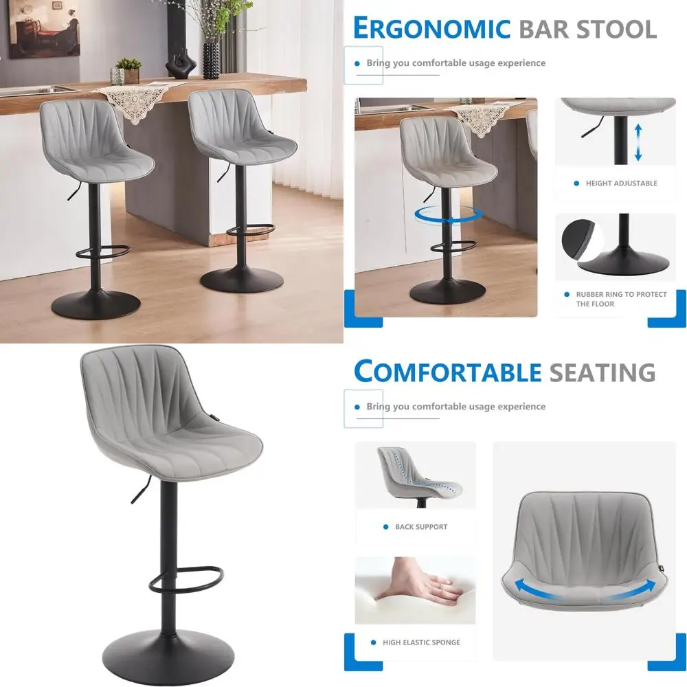 

YOUNIKE Набор из 2 барных стульев для кухонного острова, серые поворотные высокие барные стулья, регулируемые барные стулья со спинкой, мягкая искусственная кожа