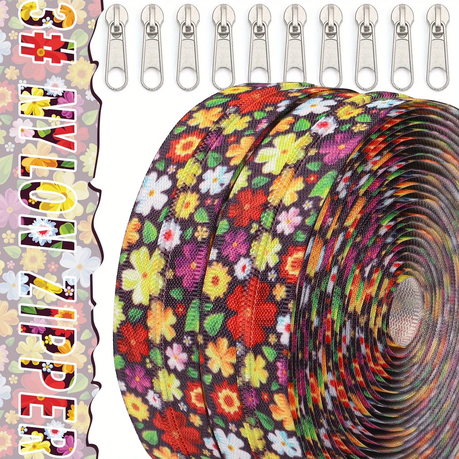 1 Set, (Größe 5) 450 cm Kettenreißverschluss + 10 Reißverschlussköpfe, 3 # Bedruckter Reißverschluss aus Nylon