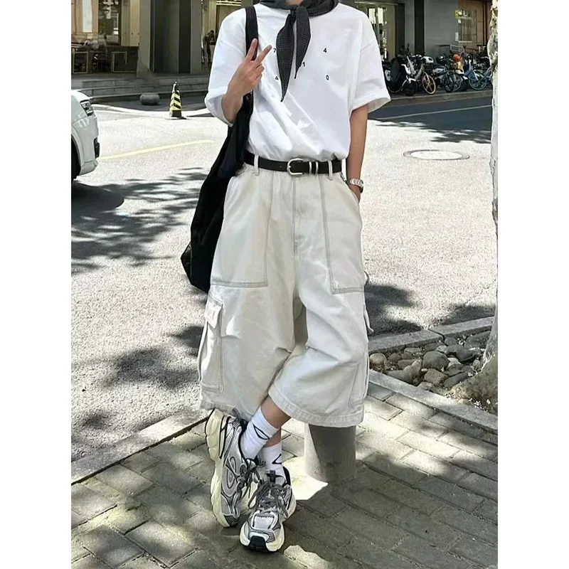 

American Retro Straight Loose Jeans Women Unisex Large Pocket Versatile Casual Denim Cargo Pants Streetwear Wide Leg Shorts