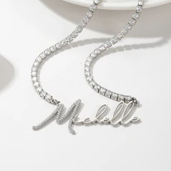 Qitian Custom Signature ICY Diamond Name Necklace Stainless Steel Jewelry Handmade Tennis Chain Necklace For Women Birthday Gift