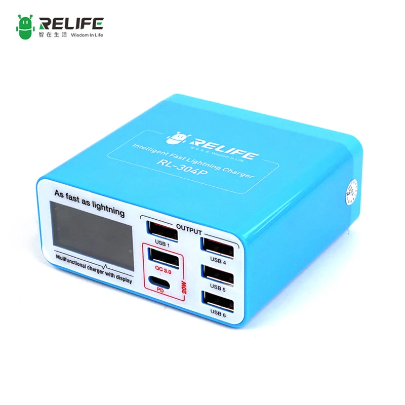 RELIFE RL-304P Smart Digital Display 6-port Lightning Charger PD3.0+QC3.0 for Android Phones and Tablet Fast Charging