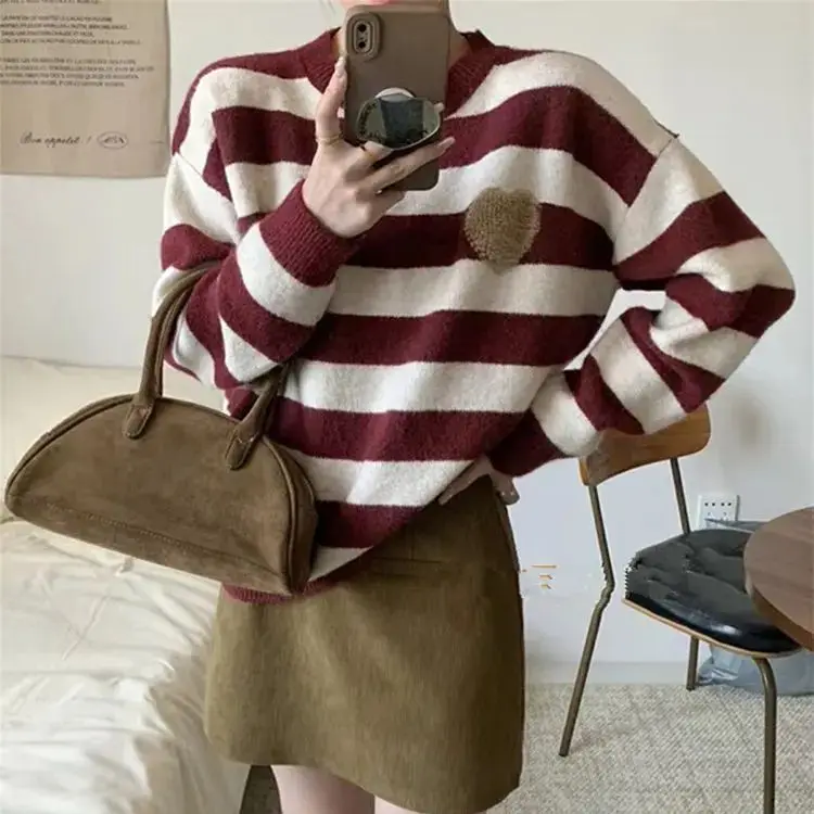 

Hsa Striped knitted sweater for women autumn and winter design loose soft waxy love embroidered knitted top trendy Jumpers