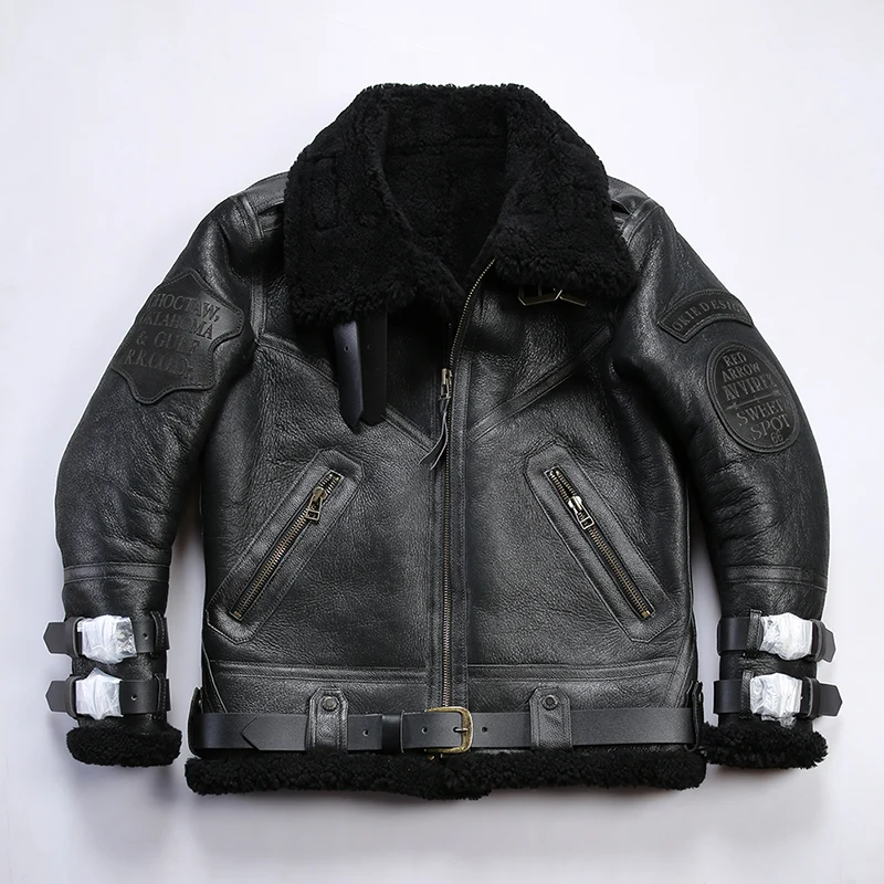 

Winter Men's New Pilot Clothing Sheepskin Fur One Leather Jacket Casual Lapel Multi Label with Belt Genuine Leather Jacket Tops