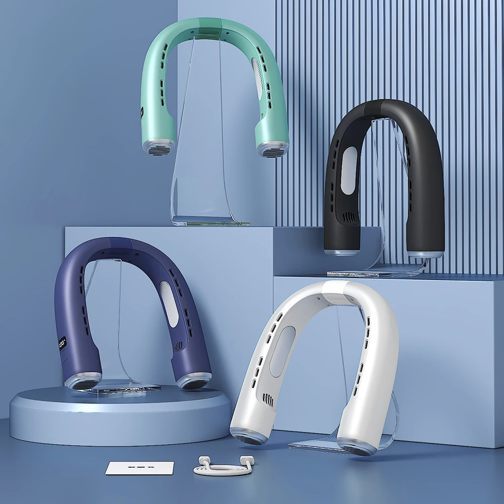 Nacken-Ventilator ohne Flügel, Mini, extrem lange Lebensdauer, tragbar, fauler, leiser Ventilator, USB-Aufladung, für Studenten, Sport, Büro, Digitalanzeige, Stromversorgung 5-Gang