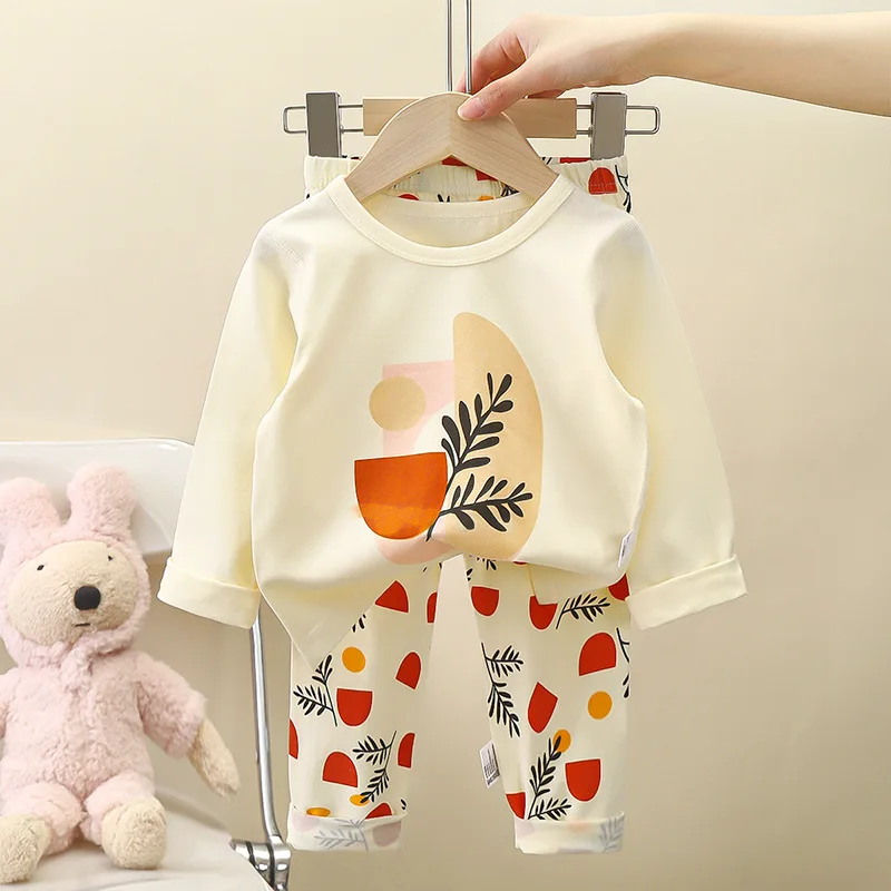 Autumn 2024 Ins Kids Girls 2PCS Sleepwears Set Cotton Printed Floral Cartoon Top+pant Suit Children Baby Girls Pajamas