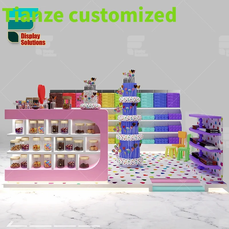 

Customized-Custom Candy Store Equipment Big Bottom Storage Function Retail Candy Display Stand Sweets Display Counter