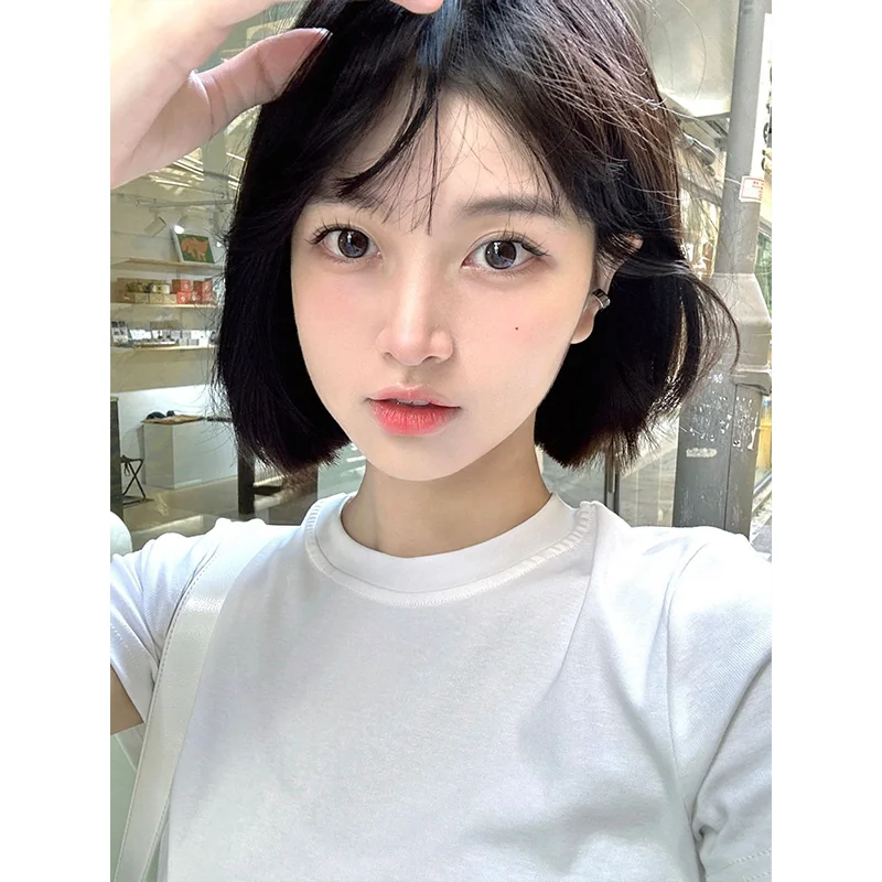 Czysta bawełna lub T-shirt damski letni, dopasowany krój, okrągły dekolt, nieregularny dół, modny streetwear