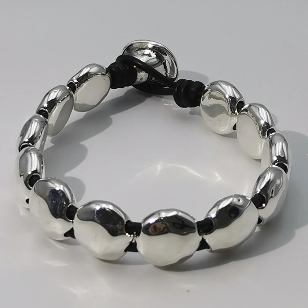 Bracelet en ULen cuir avec perle plate en argent pour femme, accessoires de bijoux uniques, sac cadeau, haute qualité, Espagne, nouveau, 2024