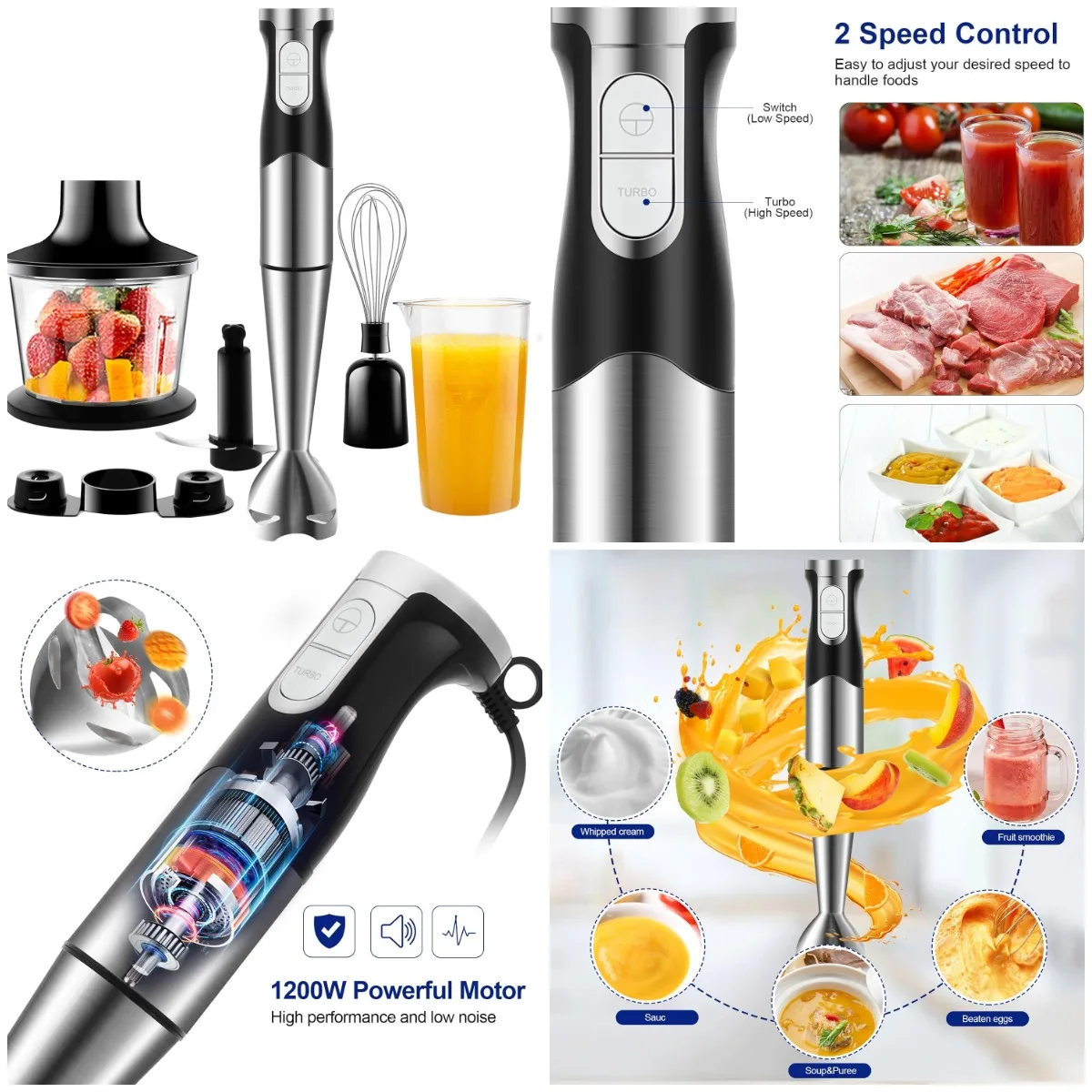 Stichmixer 6-in-1-Set 1200 W Edelstahl, Pürierstab mit Messbecher, Schneebesen, Lebensmittelhacker für Babynahrung, Salat, Stütze