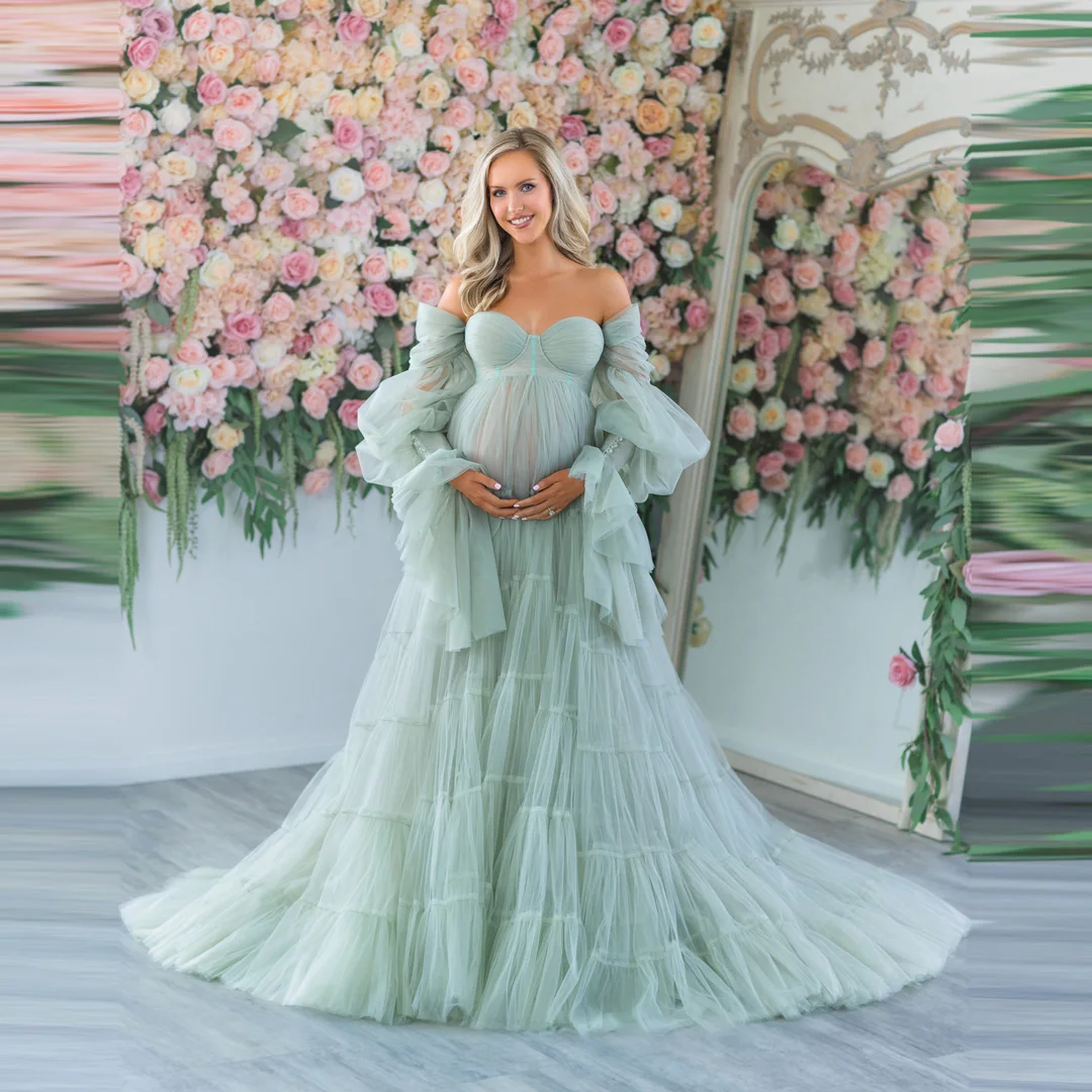 

Fluffy Open Front Pregnancy Wedding Party Dress Elegant Women Maternity Dress for Photo Shoot Ruffled Tulle Maternity Gowns