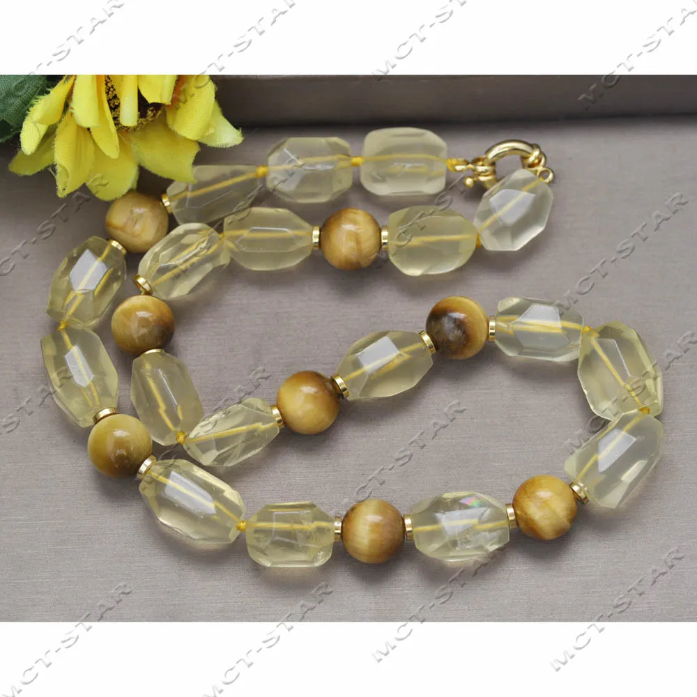 

MTC·STAR 22" 23mm Natural Faceted Cube Lemon Crystal Topaz Round Tiger's-eye Necklace Custom Jewelry (Z13781)