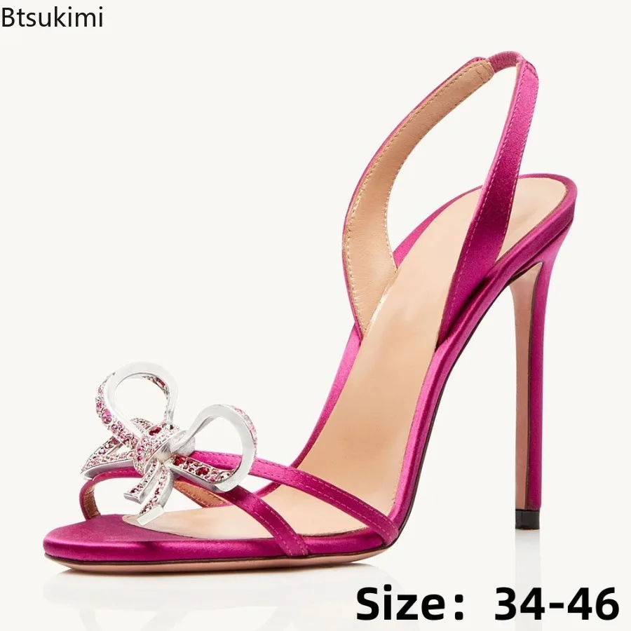 New Summer Stiletto Crystal Bow Sandals Fashion Wedding Party Shoes Women's Elegant Sexy High Heels Sandals Plus Size 34-46