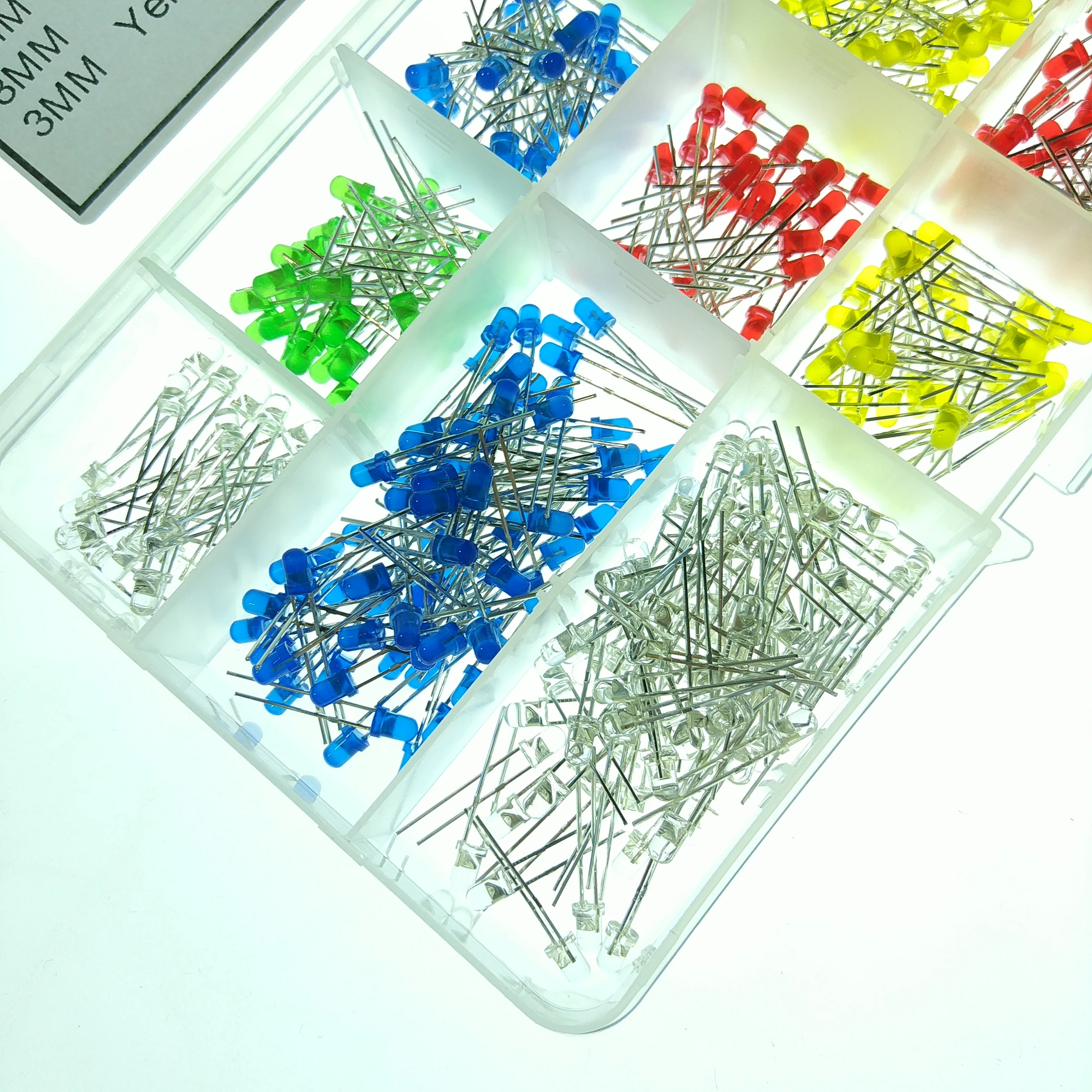 500 Pcs In-Line Led Light Emitting Diode 3Mm Blauw Rood Groen Ronde Kop Korte Pin Lamp Kralen f3 Lamp Monster Doos