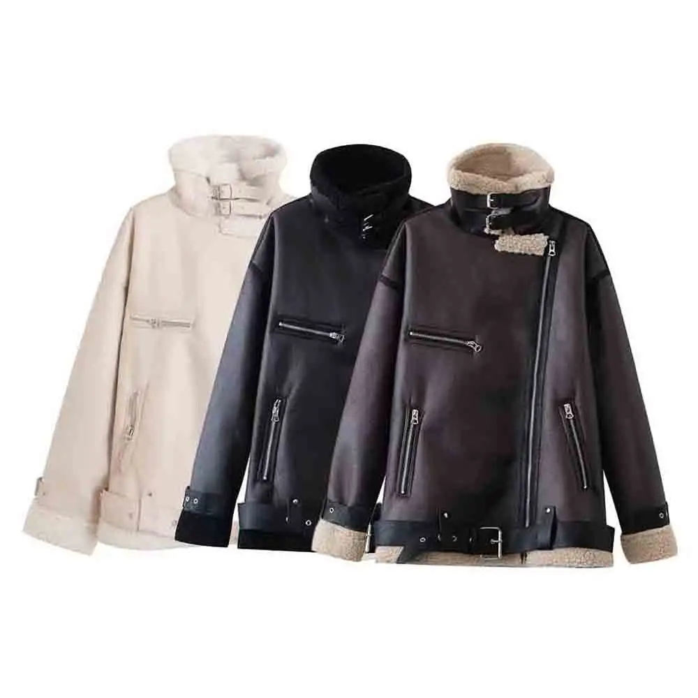 

DiYiG Women 2025 Autumn New Fashion Warm Faux Leather Jacket Chic Lapel Belt Long Sleeve Jacket Outerwear Mujer