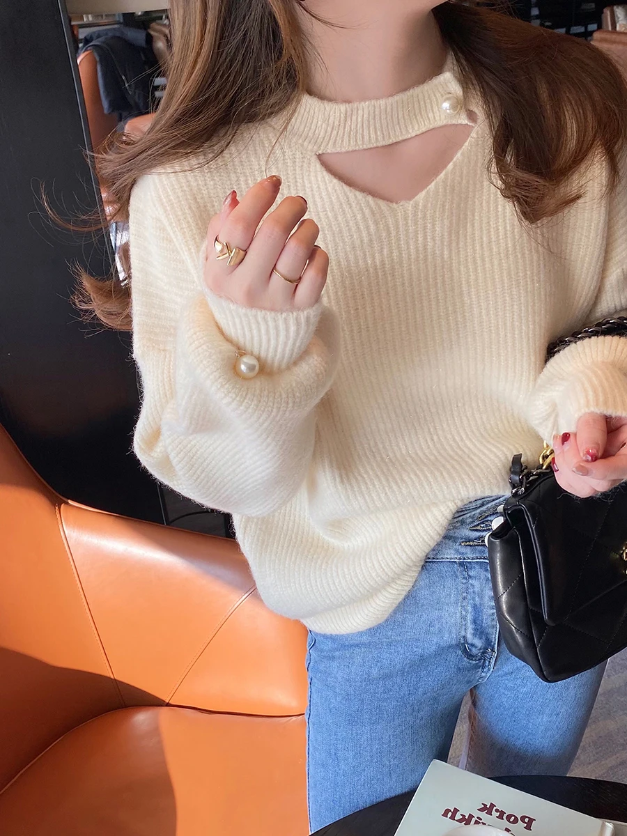 Design Sensation  Women\'s Sweater Loose V-neck Pink Knitted Top Korean Style Autumn Winter New Arrival Casual Commute Style