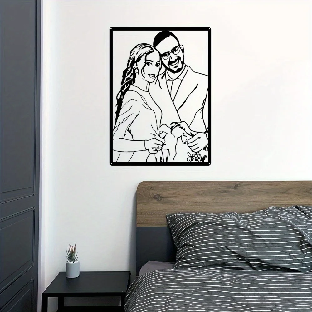 1pc Unique Framed Custom Metal Portrait, Personalized Photo Line Art Wall Decor, Elegant Gift For Loved Ones Home Decoration (On