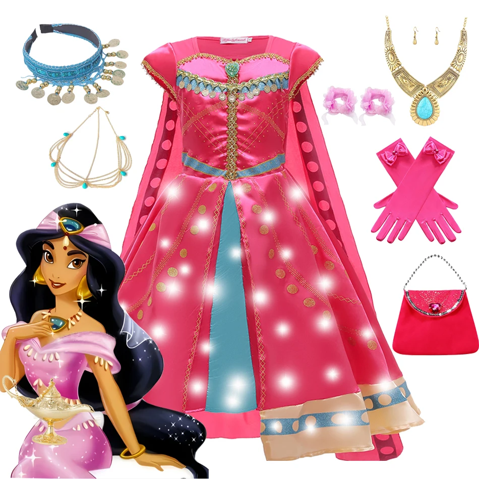 

Комплект костюма Диснея Жасмин, элегантное атласное платье Аладдина с головным убором, арабское ночное платье с жасмином для детей, день рождения, Хэллоуин