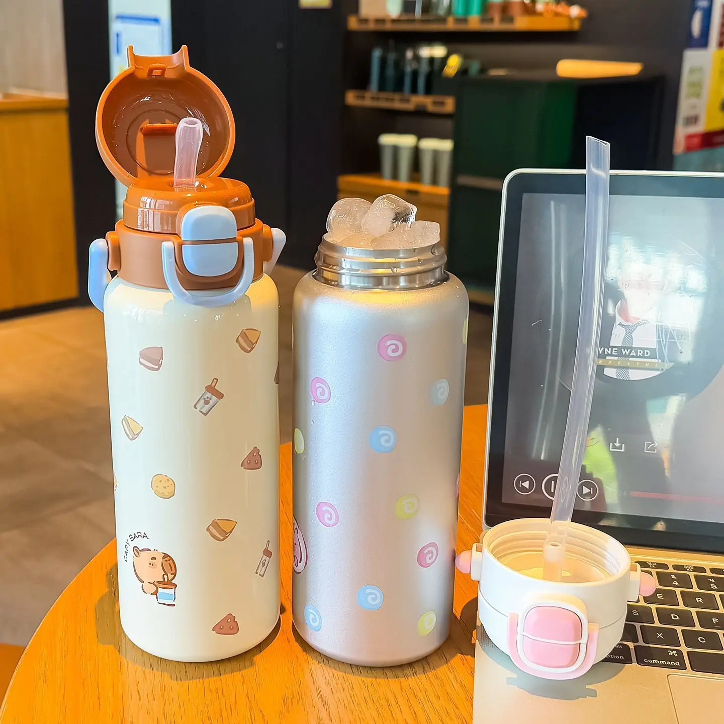 Cartoon Cute capibara Double Drink Lid Children's Straw Water Bottle Students Stainless Steel Vacuum Flask School Water Cup